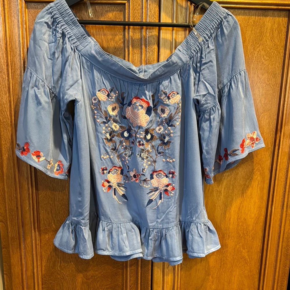 Altar'd State - Blue Ruffled Off the Shoulder Blouse - Size M